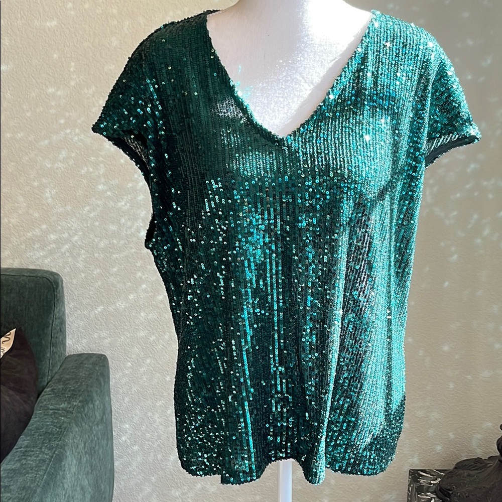 Emerald Sequin V-Neck Top